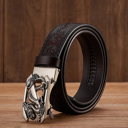 3.5cm Fashion Embossing Retro Male Belts for Men Business Split Leather Belt Dragon Pattern Automatic Buckle Strap