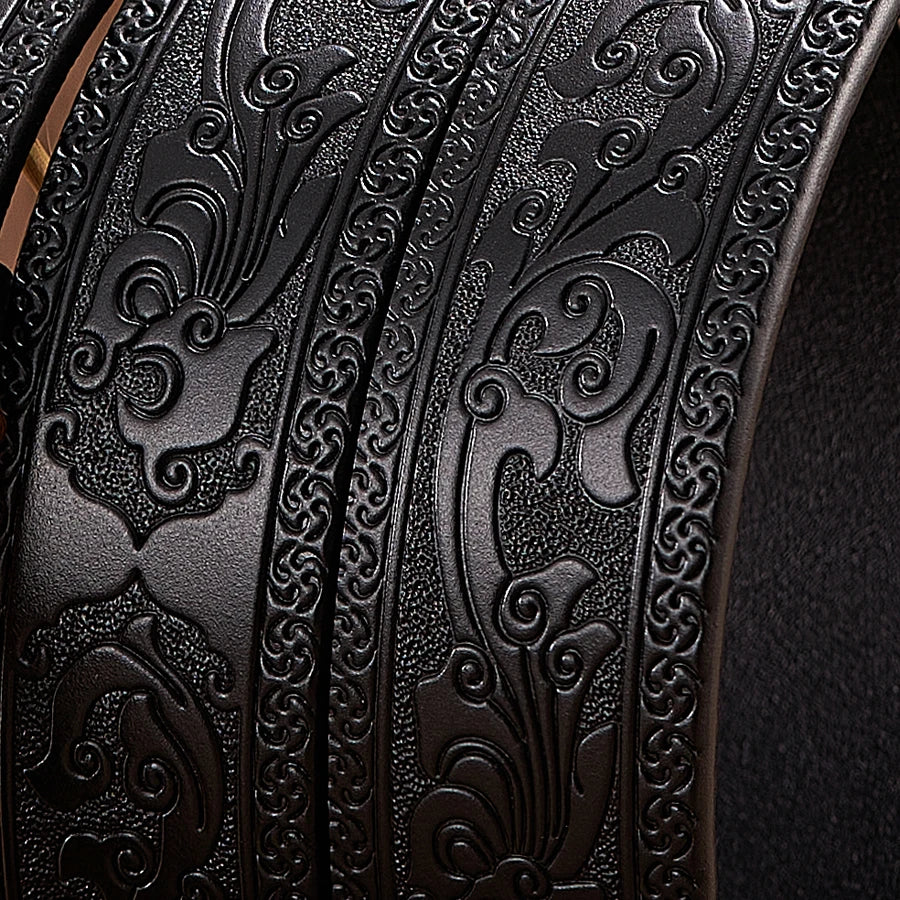 3.5cm Fashion Embossing Retro Male Belts for Men Business Split Leather Belt Dragon Pattern Automatic Buckle Strap