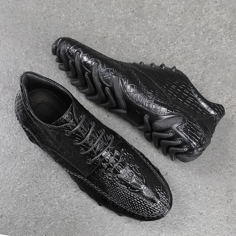Famous Luxury Ankle Boots Mens Shoes Genuine Leather Shoes Loafer Cow Leather Crocodile Pattern Hasp Casual Shoes