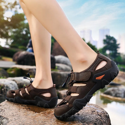 Summer Luxury Sandals Men Breathable Genuine Leather Outdoor Sandalias Trekking Casual Beach Shoes Male Loafers Big Size 38-48
