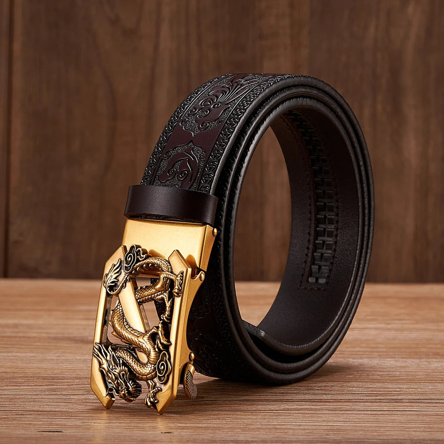 3.5cm Fashion Embossing Retro Male Belts for Men Business Split Leather Belt Dragon Pattern Automatic Buckle Strap