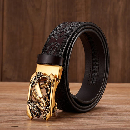 3.5cm Fashion Embossing Retro Male Belts for Men Business Split Leather Belt Dragon Pattern Automatic Buckle Strap