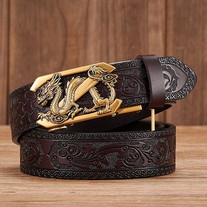 3.5cm Fashion Embossing Retro Male Belts for Men Business Split Leather Belt Dragon Pattern Automatic Buckle Strap