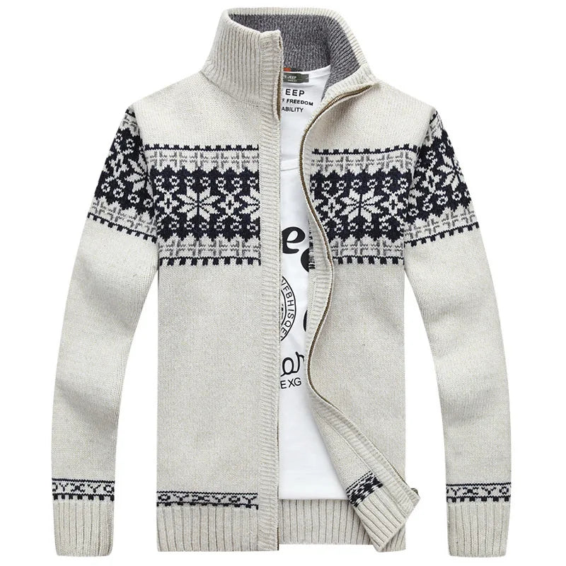 Men's Fair Isle Knitted Cardigan Full-Zip Nordic Pattern Thick Knitwear Multi-Color High-Neck Sweater Jacket for Winter