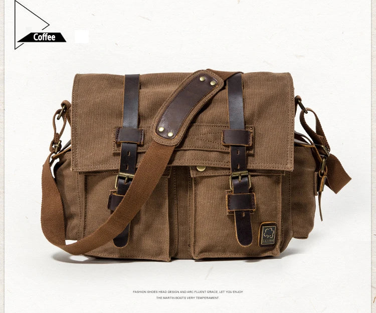 2025 Fashion Vintage Leather Canvas Women's Men's Messenger Bag Cotton Canvas Crossbody Bag Men Shoulder Bag Sling Casual Bag