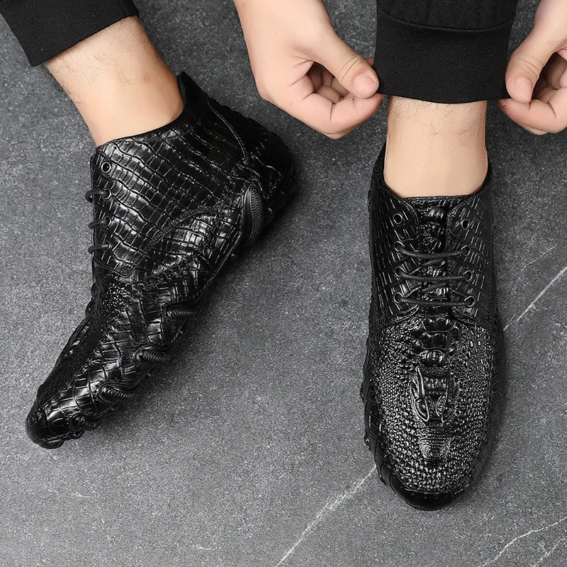 Famous Luxury Ankle Boots Mens Shoes Genuine Leather Shoes Loafer Cow Leather Crocodile Pattern Hasp Casual Shoes