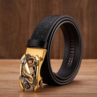 3.5cm Fashion Embossing Retro Male Belts for Men Business Split Leather Belt Dragon Pattern Automatic Buckle Strap