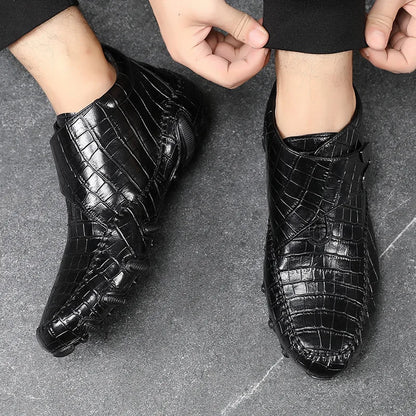 Famous Luxury Ankle Boots Mens Shoes Genuine Leather Shoes Loafer Cow Leather Crocodile Pattern Hasp Casual Shoes