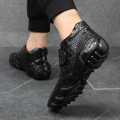 Famous Luxury Ankle Boots Mens Shoes Genuine Leather Shoes Loafer Cow Leather Crocodile Pattern Hasp Casual Shoes