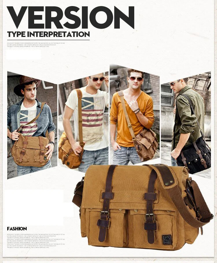 2025 Fashion Vintage Leather Canvas Women's Men's Messenger Bag Cotton Canvas Crossbody Bag Men Shoulder Bag Sling Casual Bag