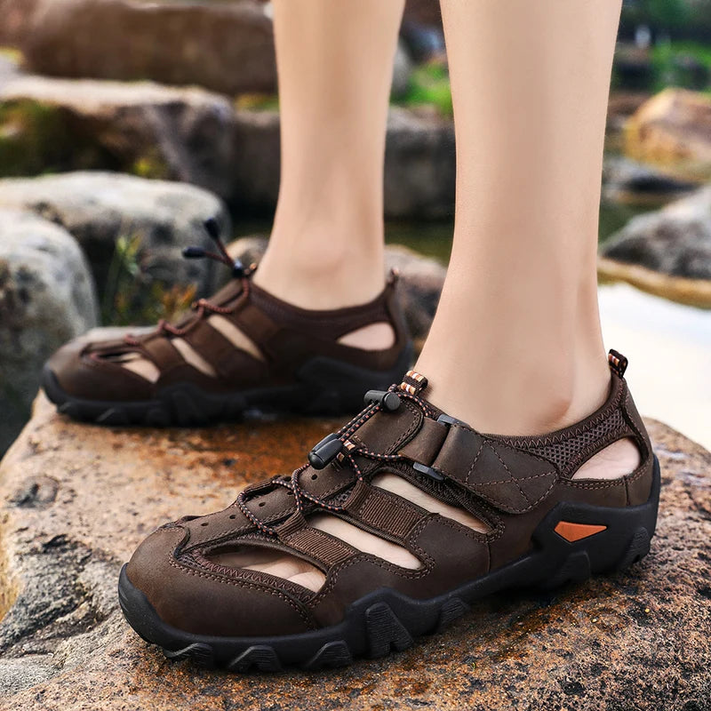 Summer Luxury Sandals Men Breathable Genuine Leather Outdoor Sandalias Trekking Casual Beach Shoes Male Loafers Big Size 38-48