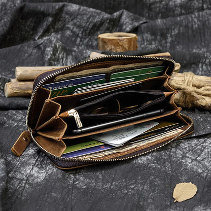 Luufan Vintage Crazy Horse Leather Men Women Long Purse Wallet Credit Card Double Zip Wallets Long Wallet Male Clutch Purse