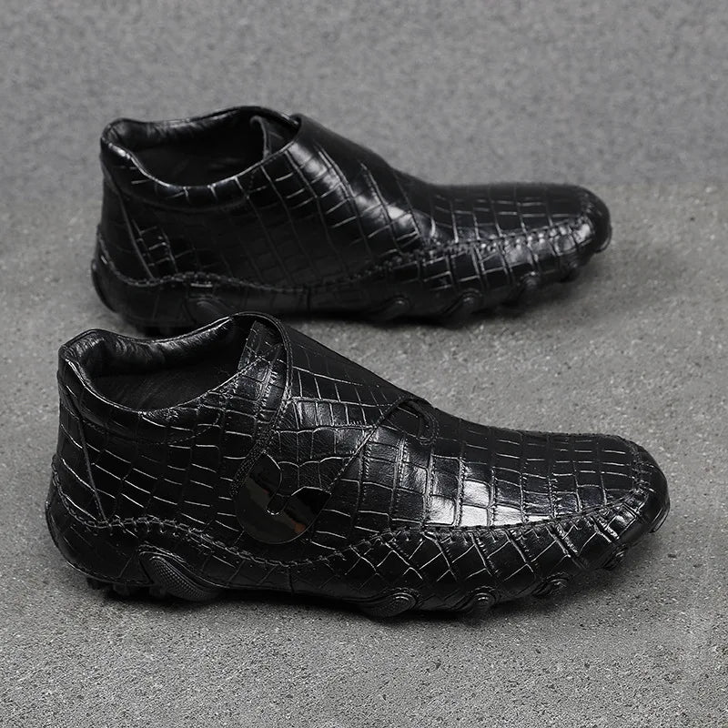 Famous Luxury Ankle Boots Mens Shoes Genuine Leather Shoes Loafer Cow Leather Crocodile Pattern Hasp Casual Shoes