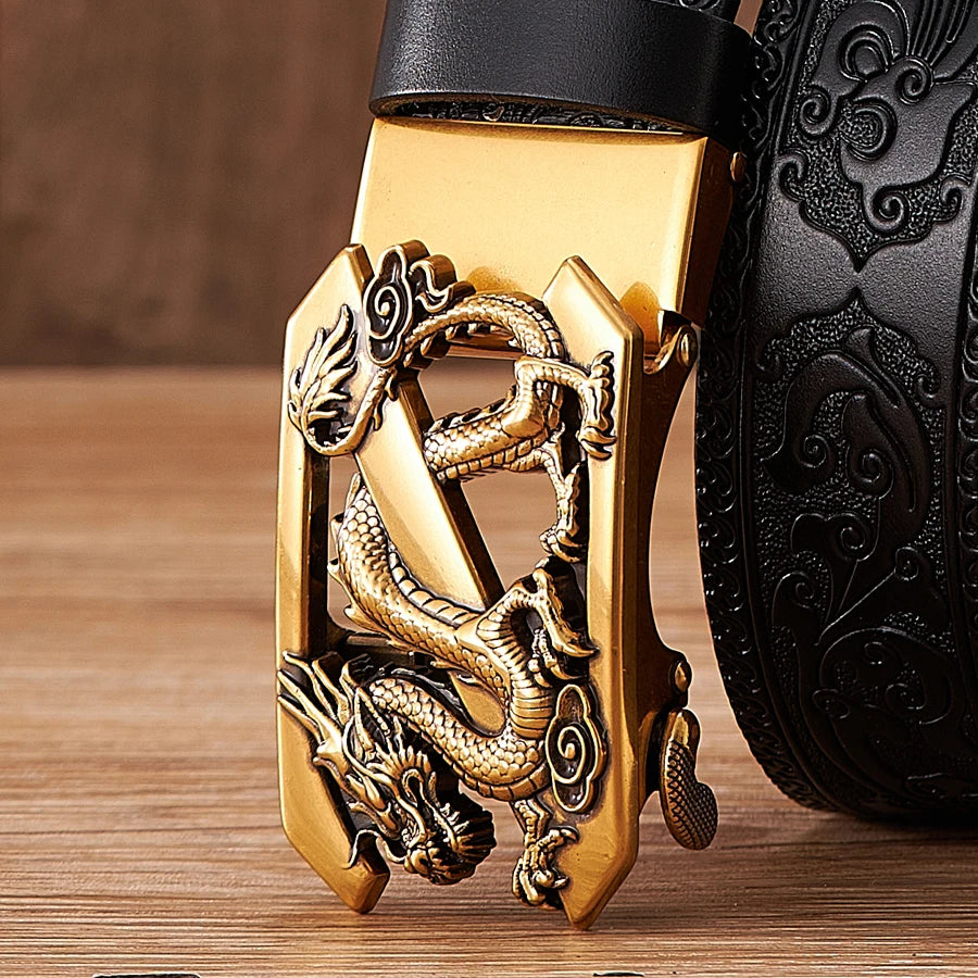 3.5cm Fashion Embossing Retro Male Belts for Men Business Split Leather Belt Dragon Pattern Automatic Buckle Strap