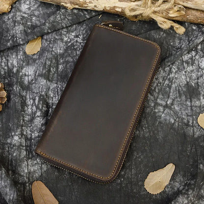 Luufan Vintage Crazy Horse Leather Men Women Long Purse Wallet Credit Card Double Zip Wallets Long Wallet Male Clutch Purse