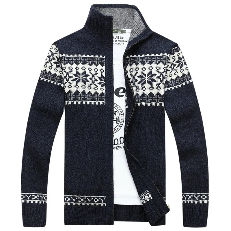 Men's Fair Isle Knitted Cardigan Full-Zip Nordic Pattern Thick Knitwear Multi-Color High-Neck Sweater Jacket for Winter
