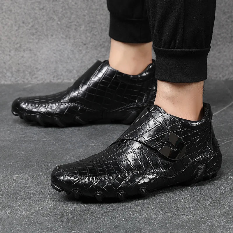 Famous Luxury Ankle Boots Mens Shoes Genuine Leather Shoes Loafer Cow Leather Crocodile Pattern Hasp Casual Shoes