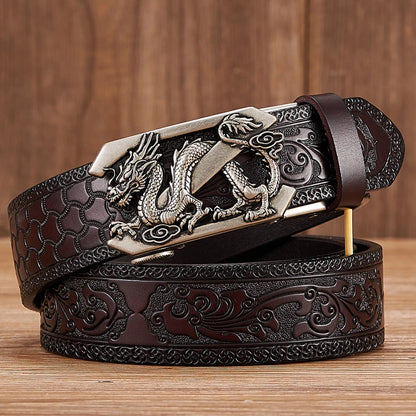 3.5cm Fashion Embossing Retro Male Belts for Men Business Split Leather Belt Dragon Pattern Automatic Buckle Strap