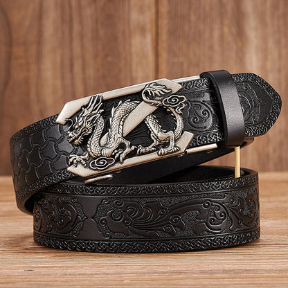 3.5cm Fashion Embossing Retro Male Belts for Men Business Split Leather Belt Dragon Pattern Automatic Buckle Strap