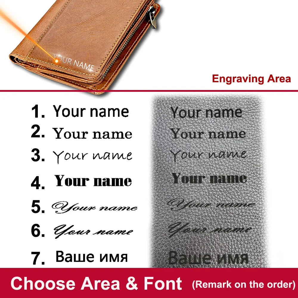 Men Name Engraving Short Wallets Casual Fashion Genuine Leather Male Zipper Purses Coin ID Card Holder Pocket Wallets For Men