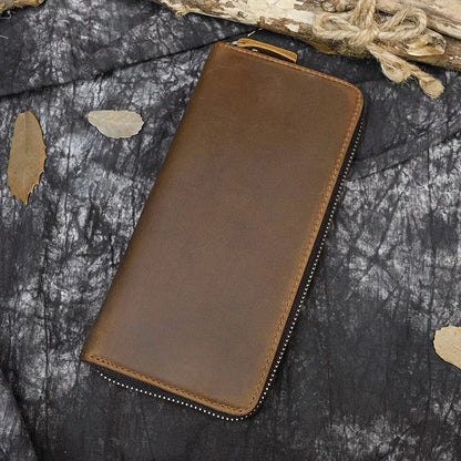 Luufan Vintage Crazy Horse Leather Men Women Long Purse Wallet Credit Card Double Zip Wallets Long Wallet Male Clutch Purse