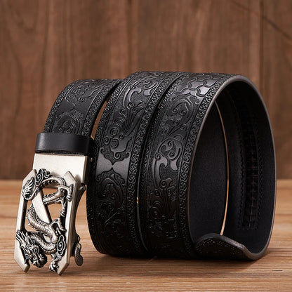 3.5cm Fashion Embossing Retro Male Belts for Men Business Split Leather Belt Dragon Pattern Automatic Buckle Strap