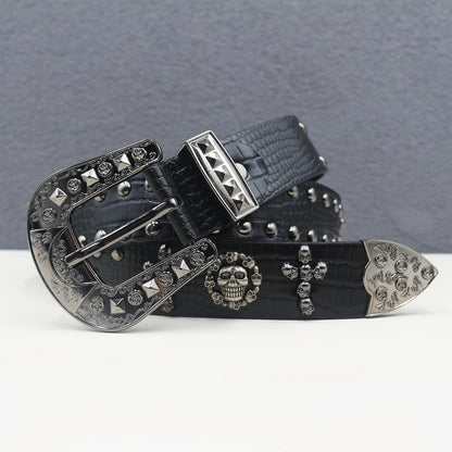 Cross skull Metal Rivet Cowboy Belt Genuine  Men Belt Punk Rivet Jeans Belts For Men Ceinture Homme Cinturones Hombre