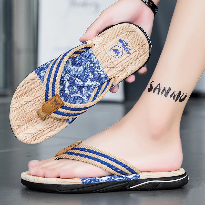 Japanese wood grain flip flops for men in summer wear anti-slip trend printed soft bottom clip foot stroke beach sand sand