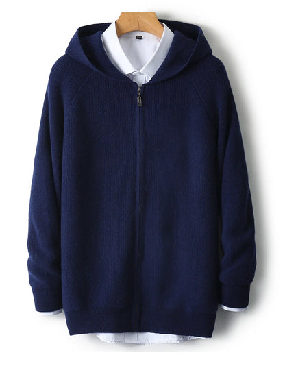Men 100% Merino Wool Sweater Hooded Zipper Cardigan Autumn Winter Thickened Knit Large-size Jacket Long Sleeved Sportswear Coat