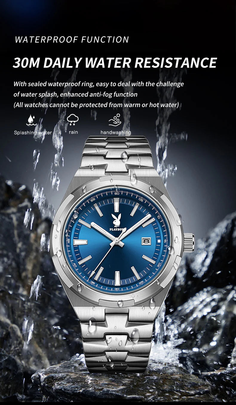 PLAYBOY 3112 Brand original authentic stainless steel strap luminous function calendar display men's quartz watch
