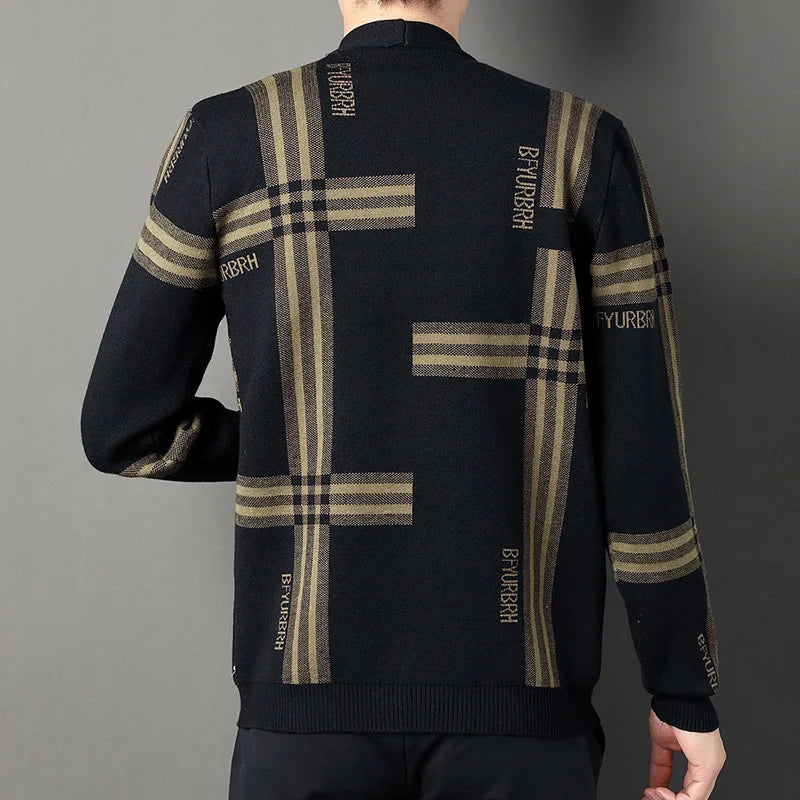 Autumn and Winter Men's Fashion Casual Wide Stripe Knitted Cardigan Simple Coat Plaid Dress British Long Sleeve Tops