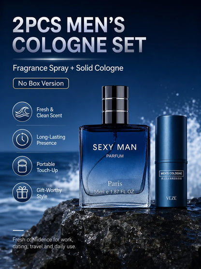 2PCS Men's Cologne Set No Box Long Lasting Fresh Marine Perfume Spray + Solid Cologne Portable Travel Gift for Men