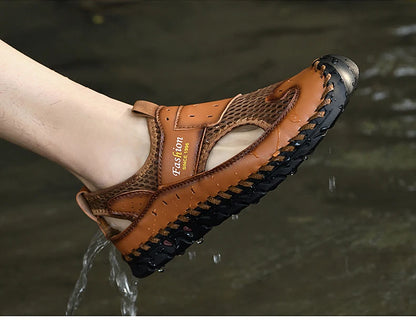 Summer Sandals Breathable Men Shoes Leather & Mesh Outdoor Men Sandals Antiskid Beach Sandals Hollow Flats Footwear Handmade New