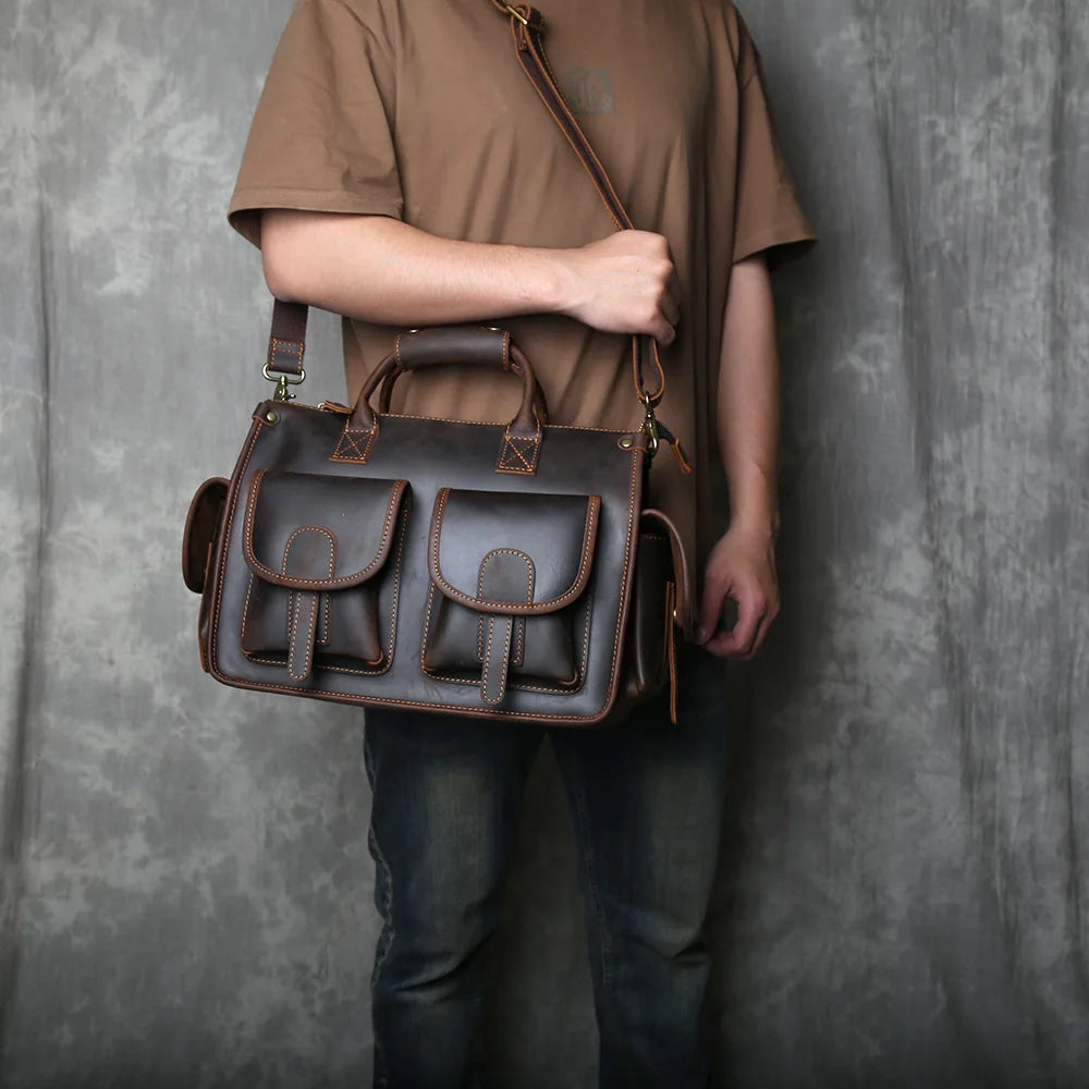 Crazy Horse Leather Retro Men's Horizontal Handbag Genuine Leather Niche Single Shoulder Cross Shoulder Large Capacity Briefcase