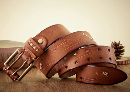 3.8CM Real Genuine Leather Belt Luxury Designer Brass Double Pin Buckle Belts Pure Cowskin Vintage Strap Male Jeans Belt for Men