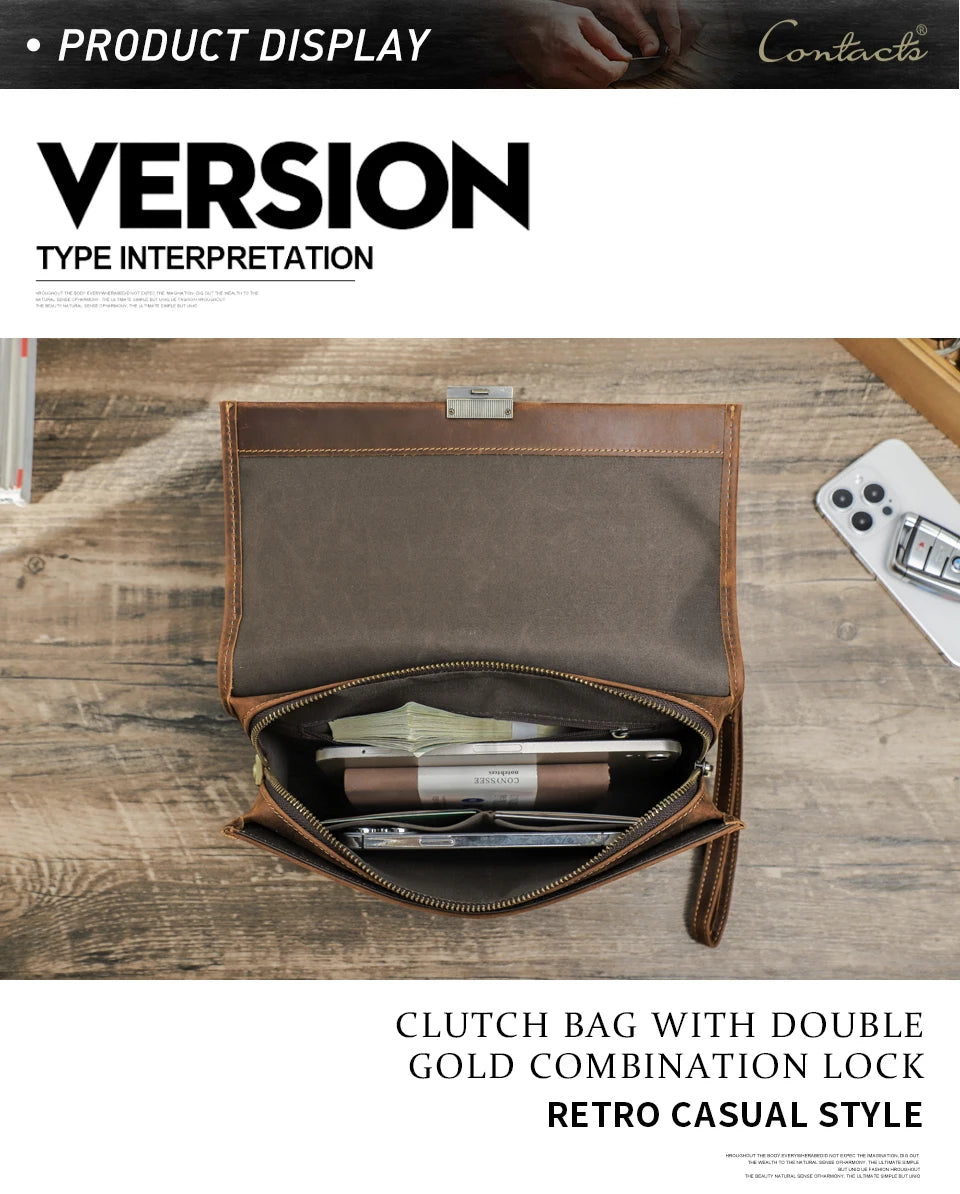 CONTACT'S Genuine Leather Clutch Bags Men Password Retro Wrist Strap Handbag iPad Travel Business Fitness Clutch Wallet