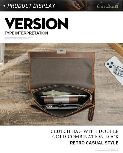 CONTACT'S Genuine Leather Clutch Bags Men Password Retro Wrist Strap Handbag iPad Travel Business Fitness Clutch Wallet