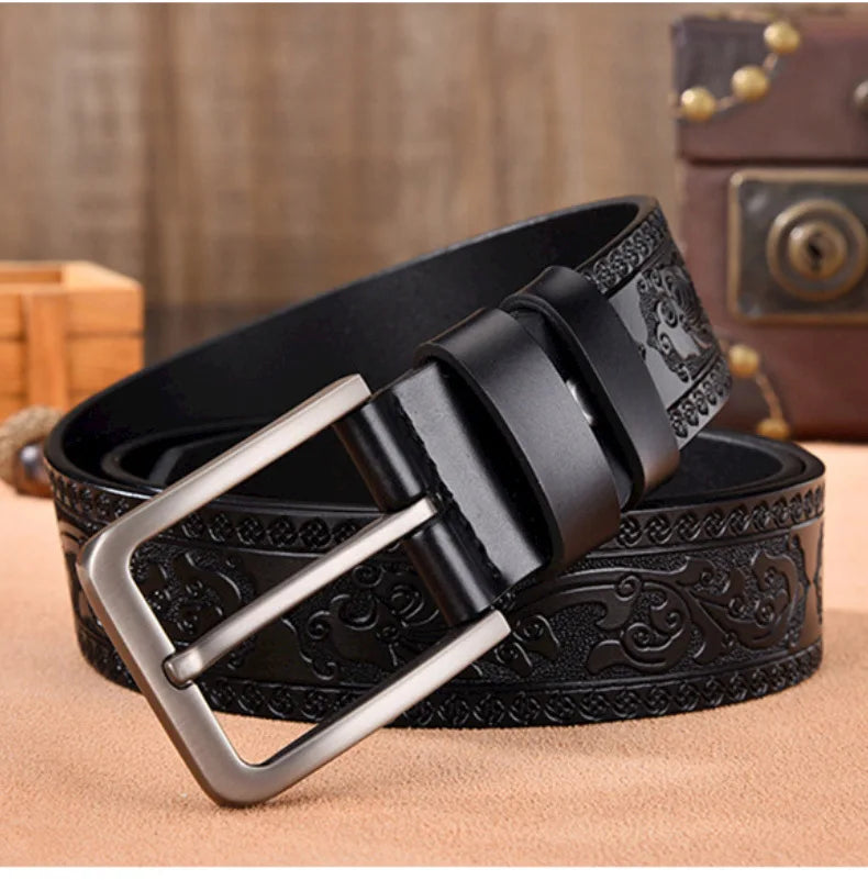 Men's Retro Embossed Leather Belt, European & American Cross-border Style, High Quality Casual Durable Waistband for Daily Use