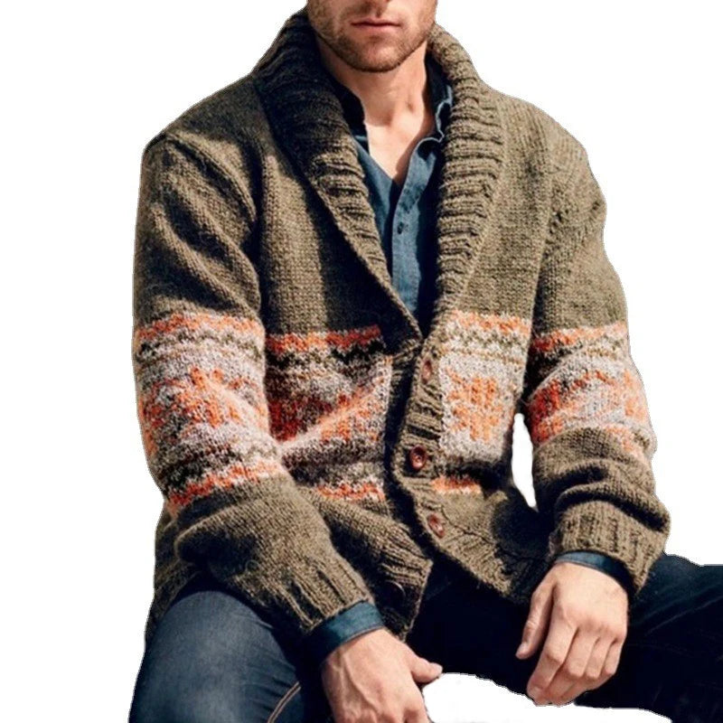 New American Jacquarded Men Cardigan Jacket Light Luxury Military Green Knitted Long Sleeve Sweater Coat Splicing Print Knitwear