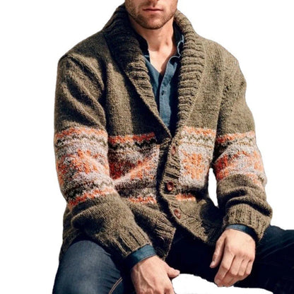 New American Jacquarded Men Cardigan Jacket Light Luxury Military Green Knitted Long Sleeve Sweater Coat Splicing Print Knitwear