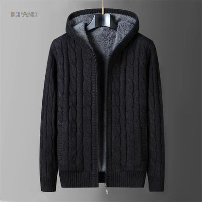 Men's Hooded Knit Winter Sweater Warm Fleece Liner Cardigan Black Khaki Knitwear Jacket Coat Clothing