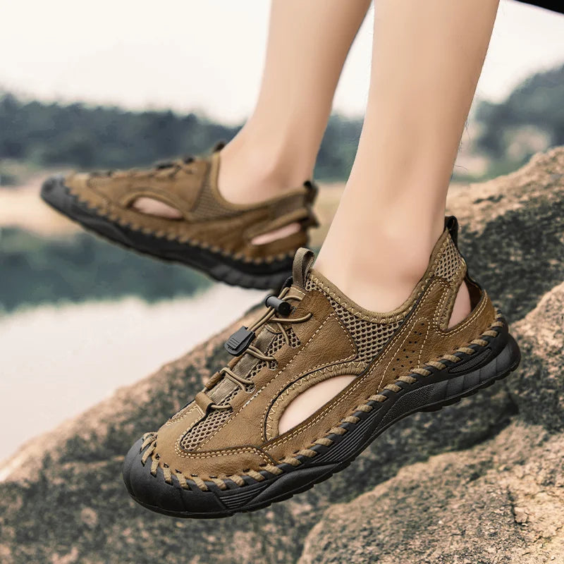 Summer Men Full Casual Leather Hand Stitch Big Size Outdoor Beach Sandals Closed Toe Non Slip Comfort New Summer Walking Shoes