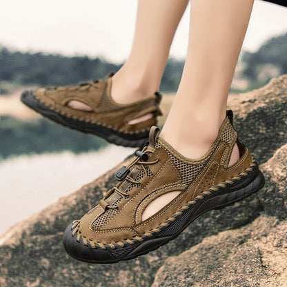 Summer Men Full Casual Leather Hand Stitch Big Size Outdoor Beach Sandals Closed Toe Non Slip Comfort New Summer Walking Shoes