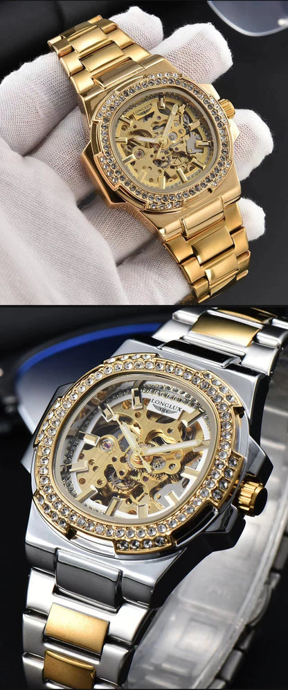 LONGLUX Automatic Man Watch Luxury Stainless Steel Wholesale Mechanical Wristwatches Skeleton Waterproof Diamond Watch Man Watch