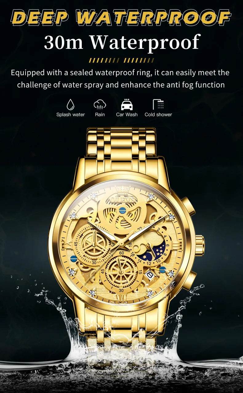 OLEVS 9947 Men's Watches Top Brand Luxury Original Waterproof Quartz Watch for Man Gold Skeleton Style 24 Hour Day Night New