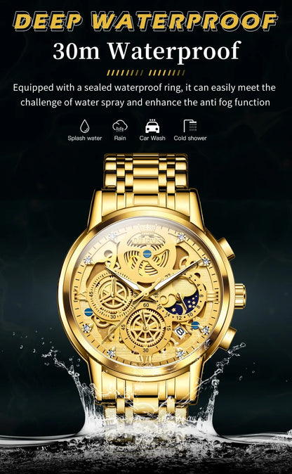 OLEVS 9947 Men's Watches Top Brand Luxury Original Waterproof Quartz Watch for Man Gold Skeleton Style 24 Hour Day Night New