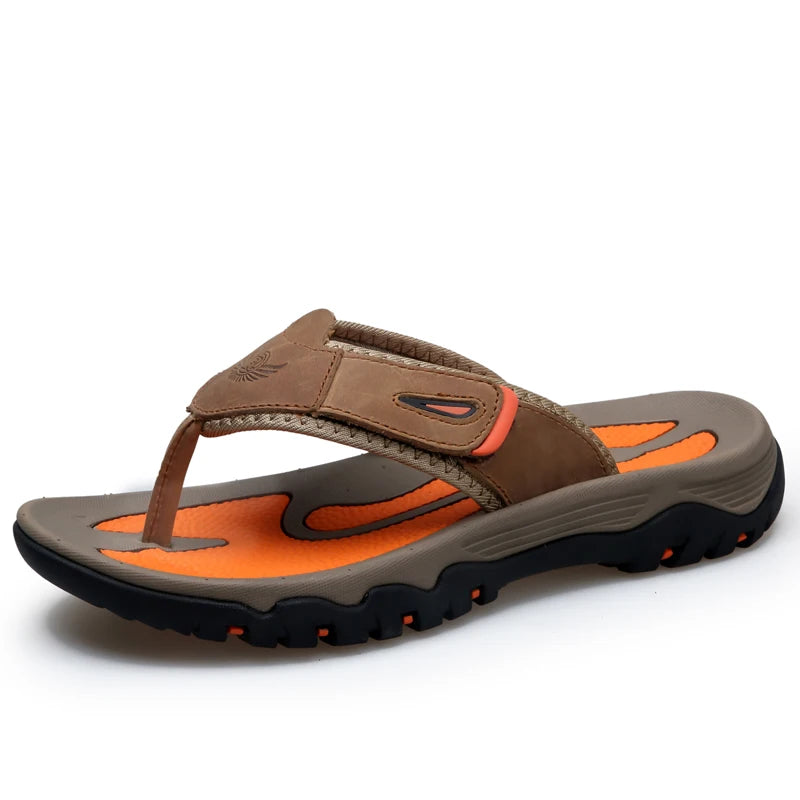 Men Sport Thong Slippers Genuine Leather Upper Adjustable Hook Loop Shock Absorb Anti Slip MD Sole Daily Beach Casual Flip Flops