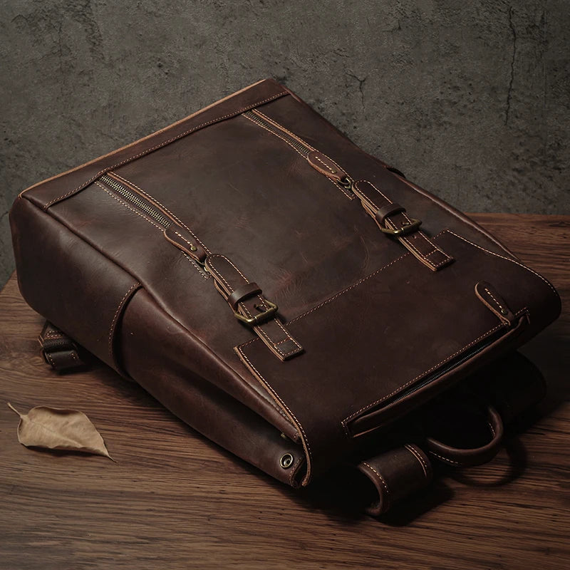 NUKA Men's Genuine Leather Backpack Vintage Outdoors Travel Bag Luxury Crazy Horse Cowhide Schoolbag Mountaineering Backpack