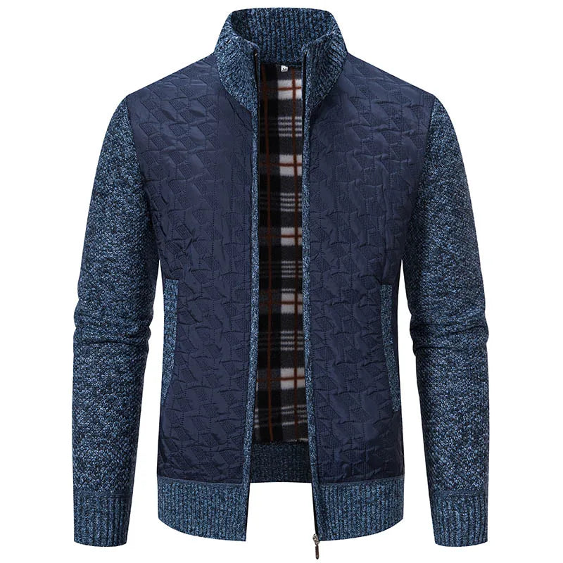 Mens Sweaters Jacket Full Zip Fleeced Sweater Cardigan Plaid Stand Collar Sweaters Coat Autumn Winter Homme Clothes