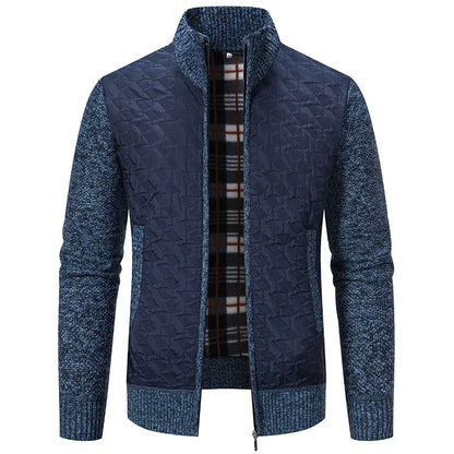 Mens Sweaters Jacket Full Zip Fleeced Sweater Cardigan Plaid Stand Collar Sweaters Coat Autumn Winter Homme Clothes